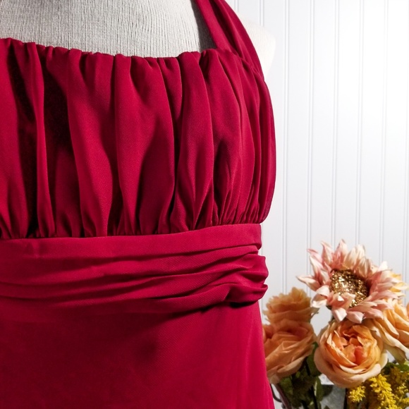 | david's bridal | cranberry halter tie midi dress - Picture 2 of 6